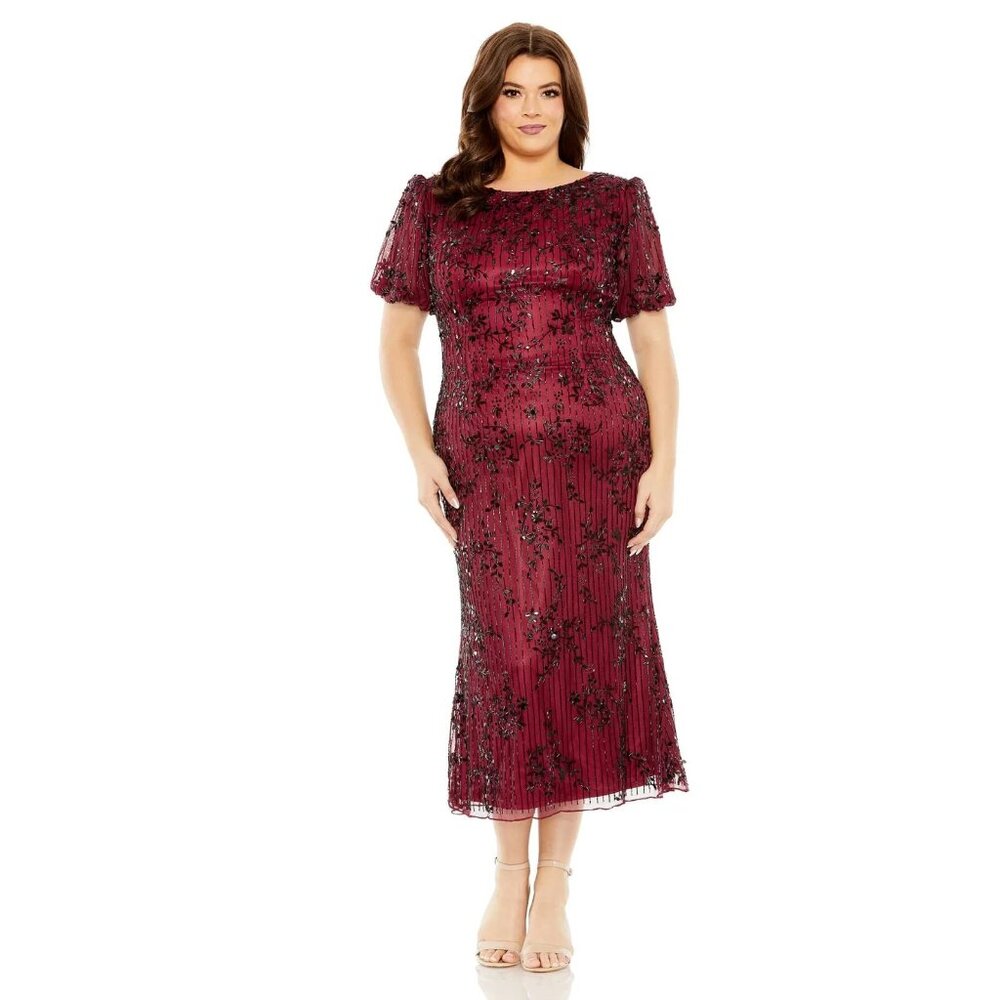 Mac Duggal High Neck Puff Sleeve Embellished Dress Red (Womens) 20W